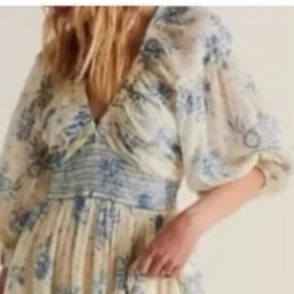 FREE PEOPLE Golden Hour Maxi Dress Floral Ivory Blue Boho Large 🆕📦🏃🏻💨🚚 - Picture 5 of 16